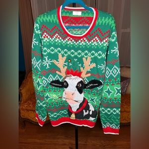 Holiday Time Green Red Cow Reindeer Holiday Sweater